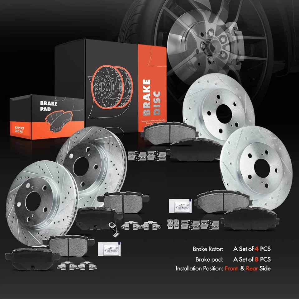 Rotores de freio dianteiros e traseiros perfurados e pastilhas de freio de cerâmica para Scion xB 2008-2015 - Imagem 2 de 4