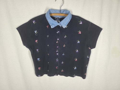 Vtg Y2k Xhilaration Shirt Denim Collar Black Embroidered Knit XL Usa Delia's - Picture 2 of 10