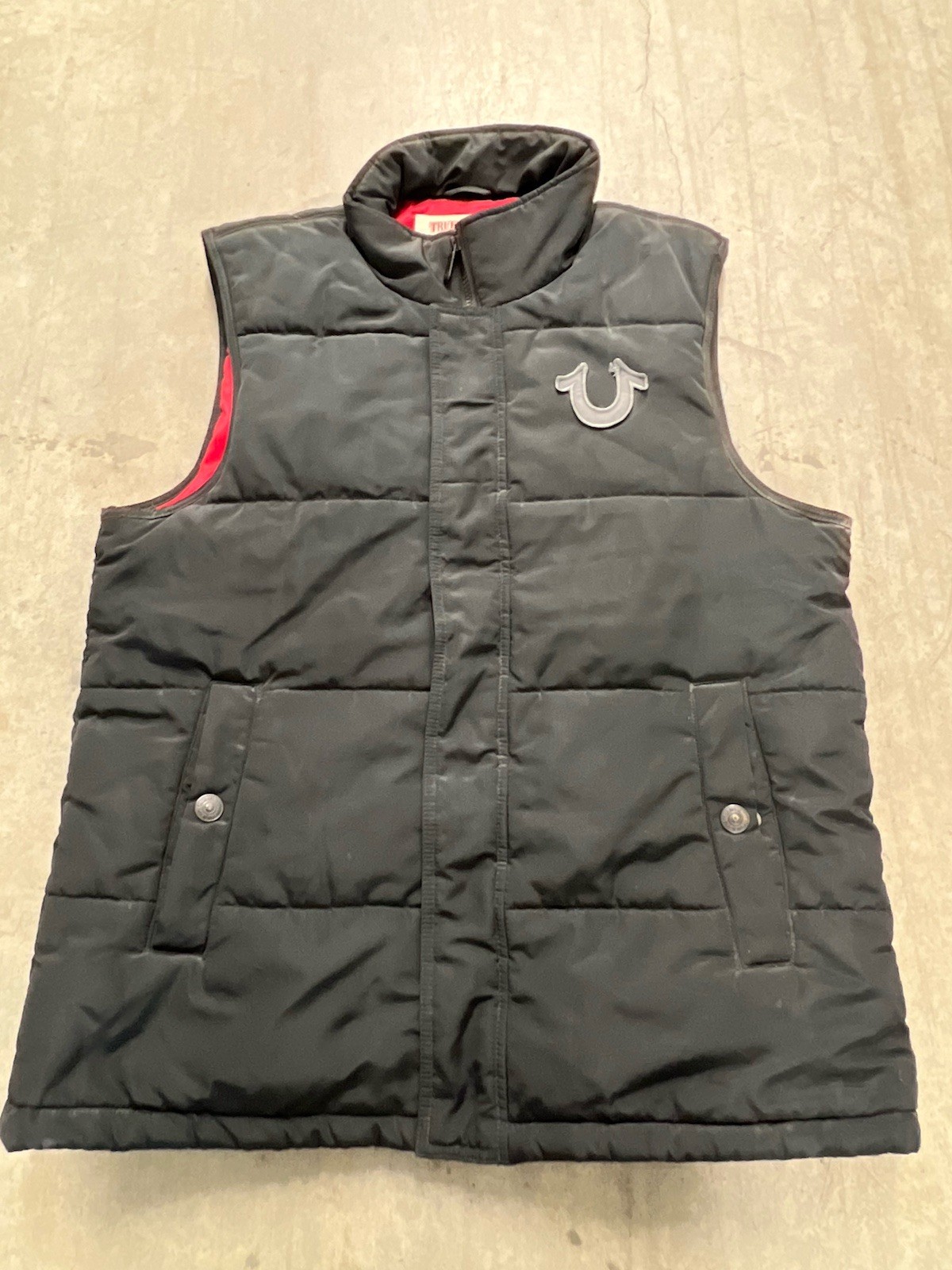 True Religion Men's XL Black Puffer Vest - Stylish & Warm Outerwear