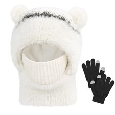 ZOORON Kids Winter Hat Gloves Scarf Set- Beanie Mask One Size, White