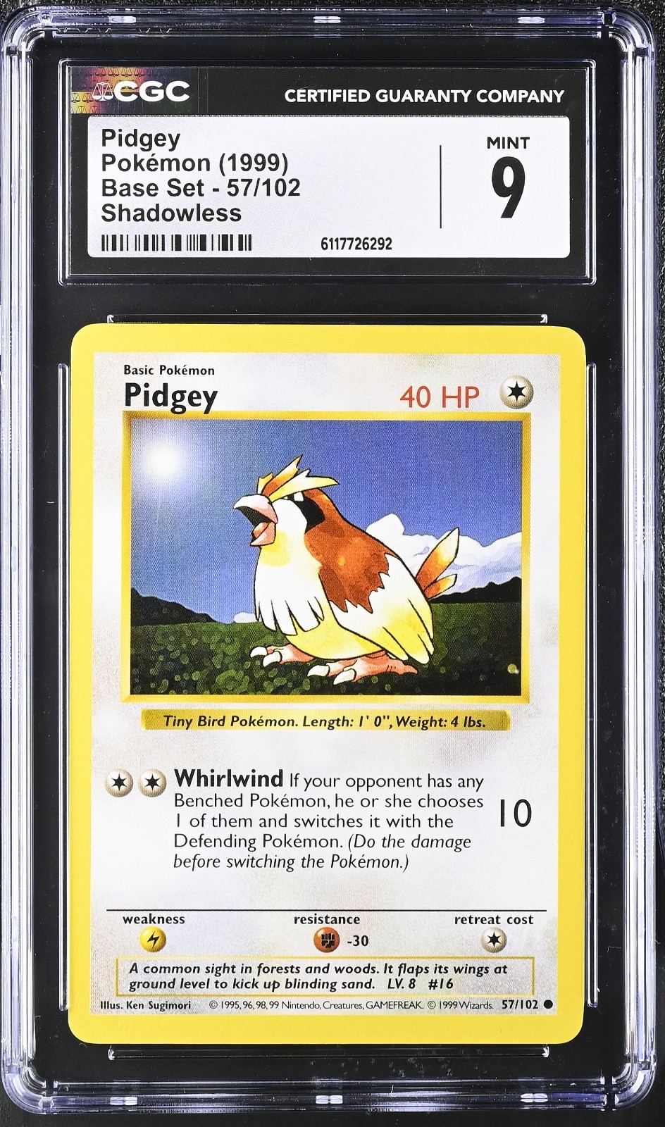 Pokemon Card Pidgey 57/102 Shadowless Base Set 1999 CGC 9 MINT