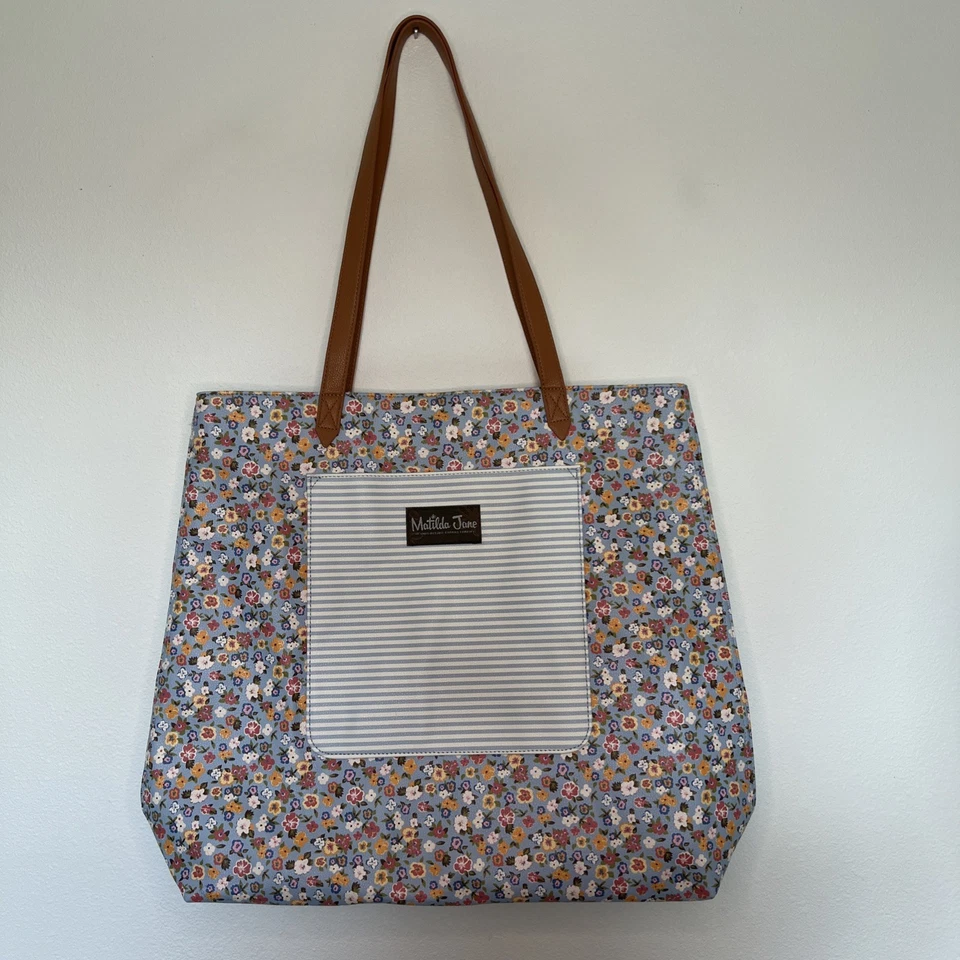 Bolso de Compras Matilda Jane Floral Rayas Azul Rosa Poli Grande Bolso Boho Cottage  Foto 2 de 4