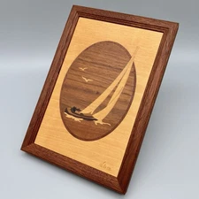 Hudson River Inlay Wood Marquetry Sailboat Scene Framed 9.75 x 6.75" Jeff Nelson