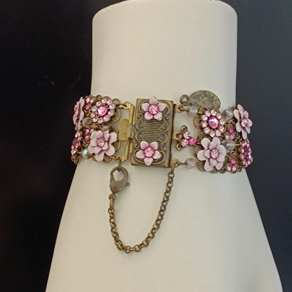 Pulsera Michal Negrin Rosa Romántica Vintage Floral Encaje Look Hada Ancha Brillante Foto 4 de 4