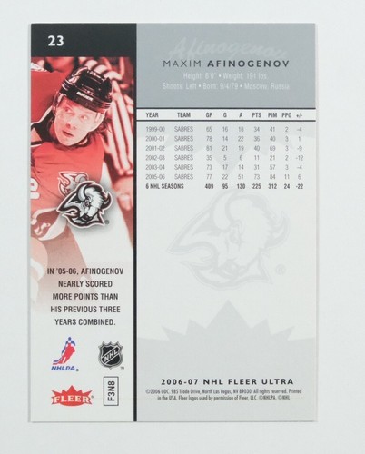 2006-07 Fleer Ultra Hockey Card #23 Maxim Afinogenov - Picture 2 of 2