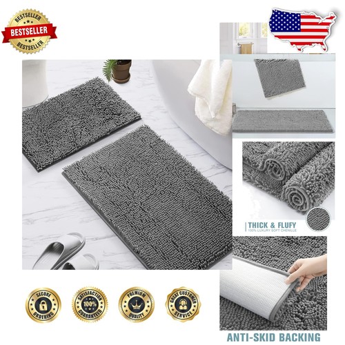 Elegant Dark Grey Bath Rugs with Non-Slip PVC Backing, 36" x 24" and 32" x 20"
