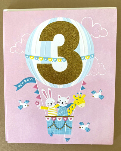 "3 Hooray!" Cute Animals in a Hot Air Balloon" Birthday Card by Simson Cards - Picture 2 of 5