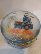 Porcelain Glass Round Footed Trinket Jewel Box Hinged Lid Seashells Lighthouse