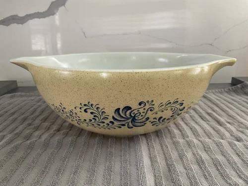 Pyrex Homestead Tan Speckled Blue Floral Mixing/Nesting Bowl 4quart #444