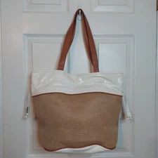 Emilie M White Tan Woven Faux Leather Cinch Tote Shoulder Bag Beachy Coastal