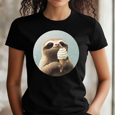 Frauen T-Shirt Faultier isst Eis Motiv Baumwolle Größe S bis 3XL
