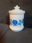 Vtg MCM Hazel Atlas Milk Glass Blue Floral Toothpick Holder Condiment Jam Jar