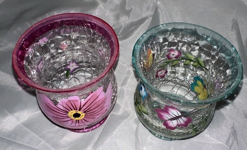 Vintage Hand Painted Crackle Glass Candle Holder Set of 2 Pink Blue Flowers - Picture 8 of 8