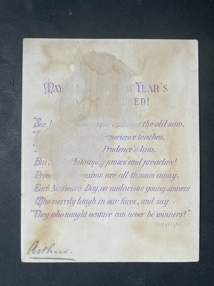 VICTORIAN GREETING CARD STRANGE LOOKING JESTER MAN WITH HOOP CAT KITTEN