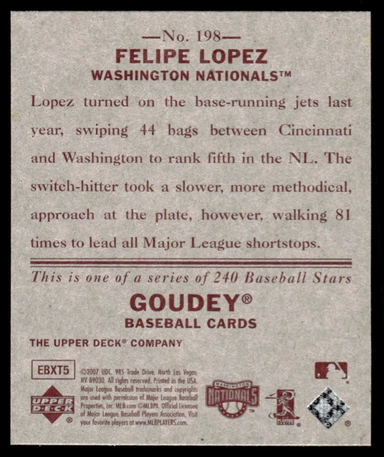 2007 Upper Deck Goudey Red Backs Felipe Lopez #198 Washington Nationals - Image 2 of 2