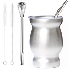 Bombilla Yerba Mate Gourd, 8oz Stainless Steel Tea Cup Set with Lid, Two Stra...