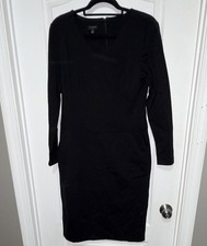 Talbots Black Knit Sheath Dress V-Neck Long Sleeve Pockets Zip Women's 8 Knee