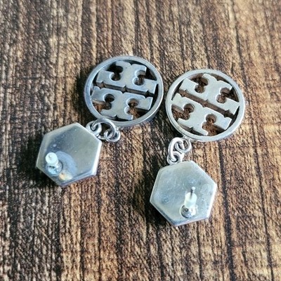 Tory Burch Silver Tone Metal Drop Earrings Hexagon Stud Round Dangle