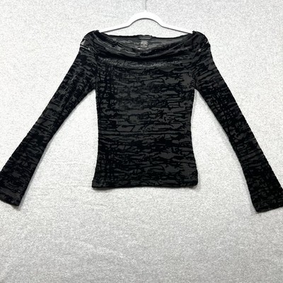 Wms XS Black Velvet Burnout Sheer Top Boat Neck Whimsigoth Dark Romantic Witchy