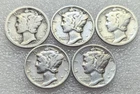Mercury Dimes (5) lot 1923- 1944 US 90% Silver #222