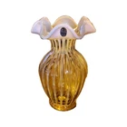 Fenton Amber & White Art Glass Vase Striped Ruffled Rim Glossy Decorative
