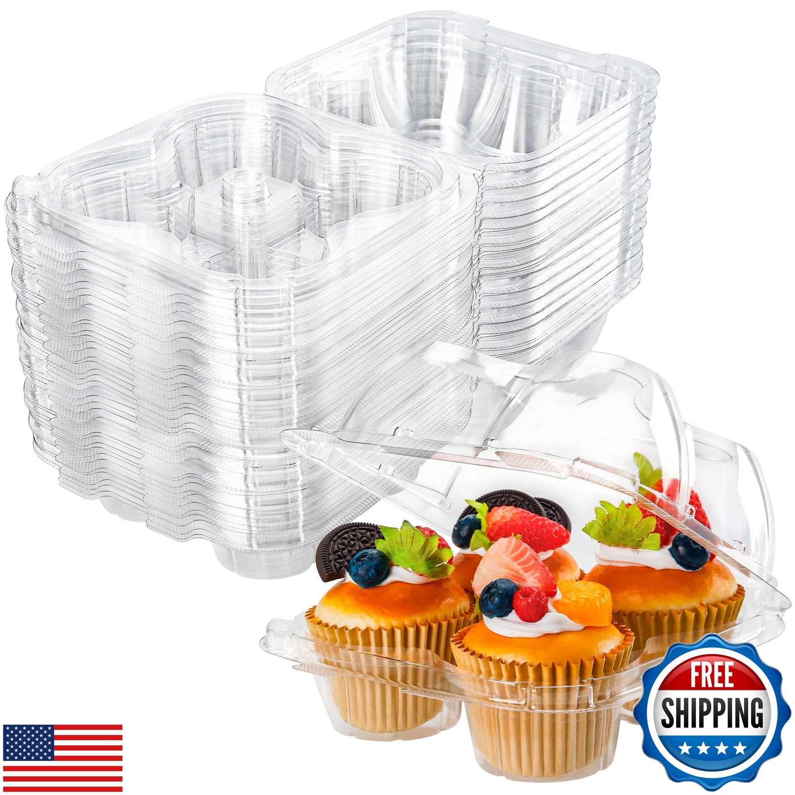 NPLUX 4 Compartment Cupcake Containers 60 Pack Cupcake Holder with Connected 