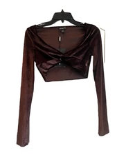 Pretty Little Thing Size 6 Chocolate Velvet Twist Front Long Sl Crop Top NWT