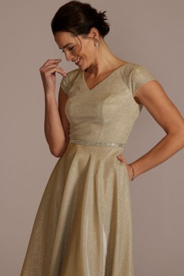Oleg Cassini Metallic Champagne Diamond waist formal Evening Midi dress, 6 