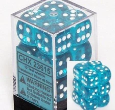 Translucent 16mm d6 Teal w/White Dice Block 12 pipped dice CHX 23615