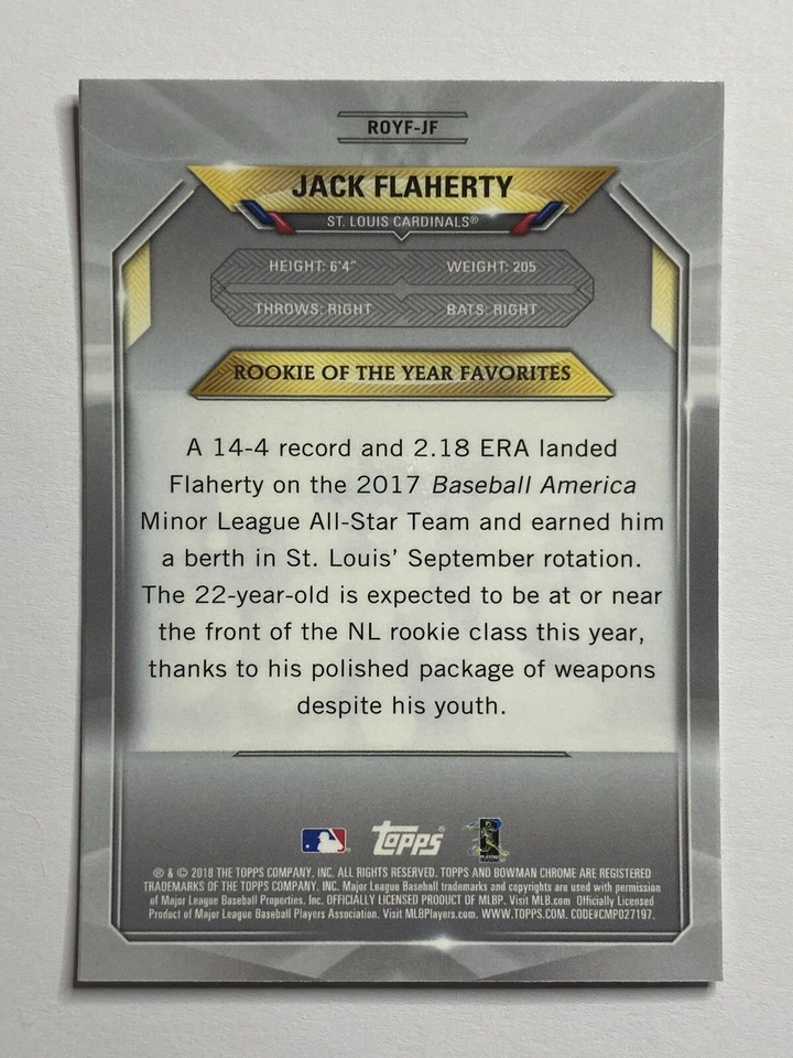 2018 Bowman Chrome #ROYF-JF Jack Flaherty RC - Image 2 of 2