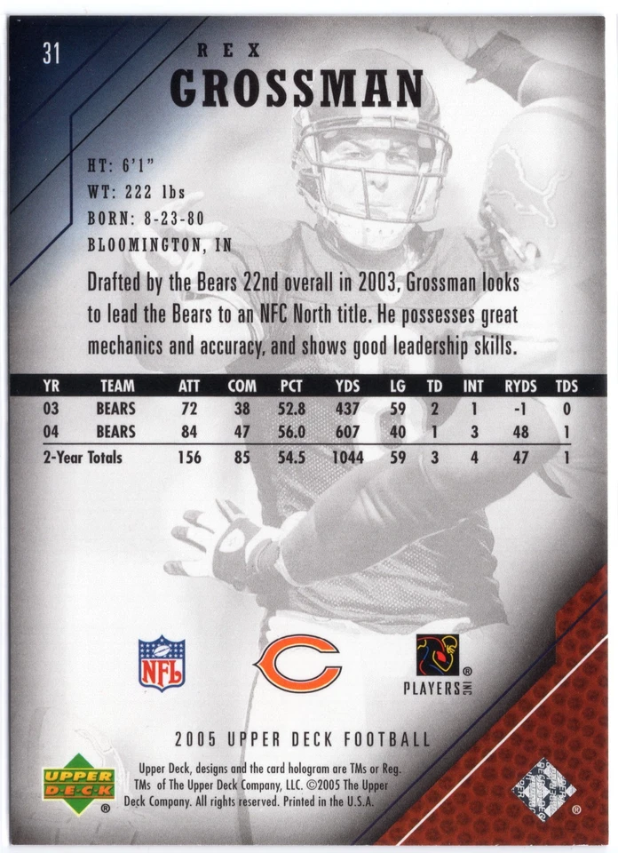 2005 Upper Deck - Rex Grossman #31 CHICAGO BEARS - Image 2 of 2