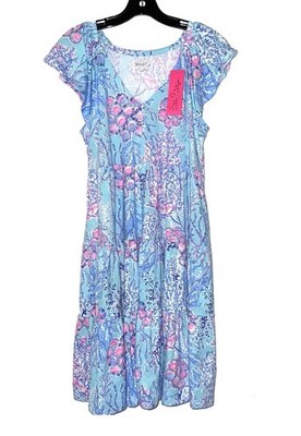 NWT Lilly Pulitzer Kawai Flutter Sleeve Dress Blue Ibiza Now you sea Me Sz L