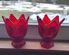 EUC ~Set Of 2 Vintage Fenton Ruby Red Tulip 🌷 Reversible Candle Holders 🌷GLOWS