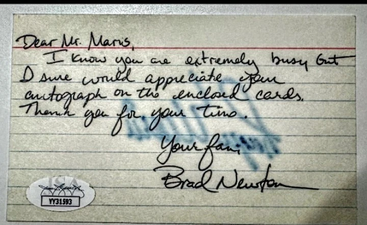 Roger Maris   Autographed 3x5  (JSA)  w COA - Image 3 of 3