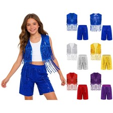 Kids Sequin Vest Stage Jazz Dance Tassel Shorts Set Hip Hop Outfits Crop Top