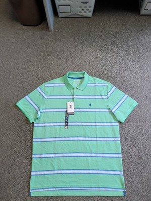 NEW MENS IZOD ADVANTAGE PERFORMANCE GREEN/BLUE/WHITE STRIPED POLO SHIRT MEDIUM