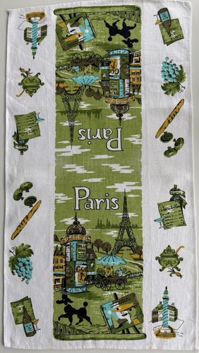 Vintage PARIS linen Tea Towel in Avocado Green, Gold & Aqua