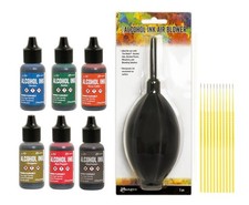 Tim Holtz Ranger Alcohol Inks Bundle - Bottle, Terra Cotta, Denim, Mushroom, Red
