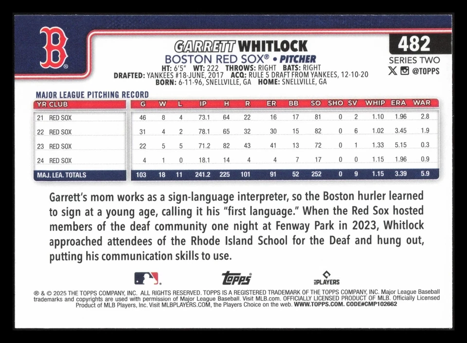 ⚾  2025 Topps Series 2 Garrett Whitlock #482 Boston Red Sox ⚾ - Image 2 of 2