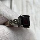 Vintage 925 TMA Sterling Silver Marcasite Emerald Cut Red Garnet Ring 0505-14