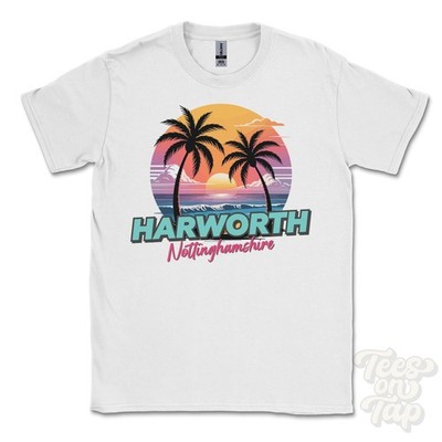 HARWORTH NOTTINGHAMSHIRE T-SHIRT - Retro Miami Style Funny UK Summer Parody