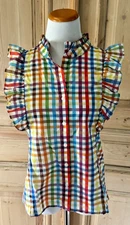 NEW LaRoque Multicolor Checkered Ruffled Sleeve Cotton Top Women's S Small $188