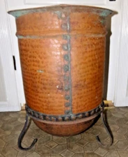 Vtg 24" Antique Copper Cauldron Pot Water Vessel Hammered Riveted Vat Urn Kettle