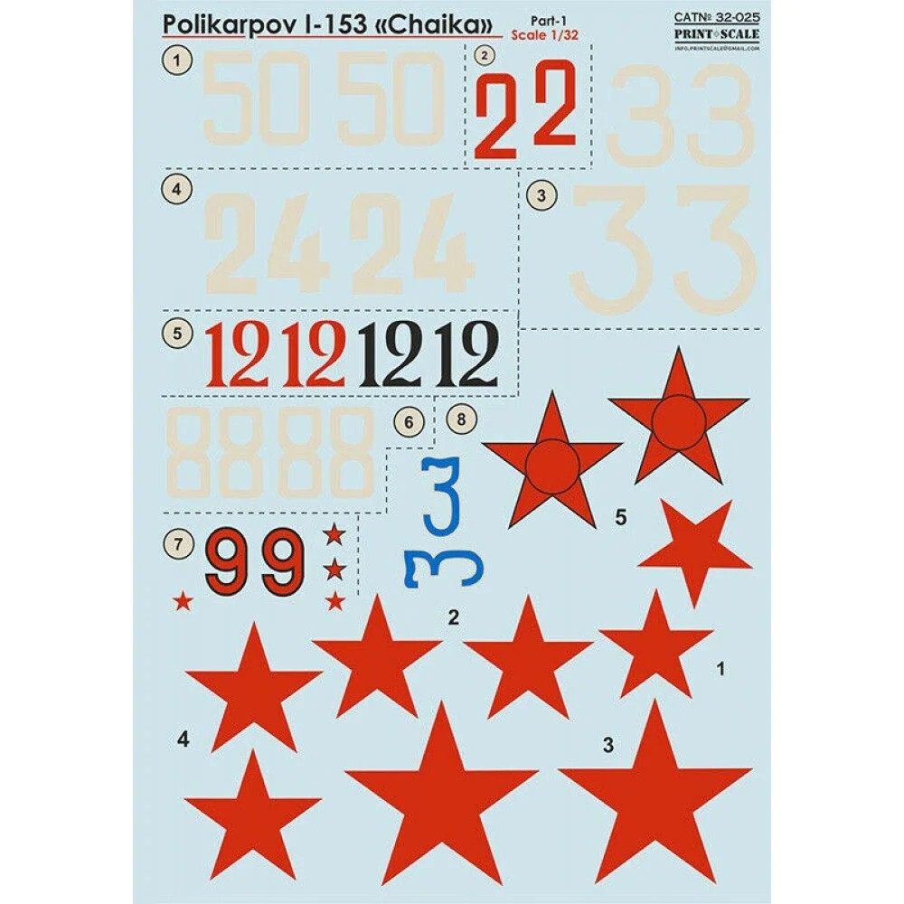 Print Scale 32-025 Decal airplane 1:32 Polikarpov I-153 Chaika Part 1 - 1,5 leaf