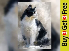 Pensive Whiskers, Mixed Media Abstract Cat Painting Print 5"x7" on Matte Paper