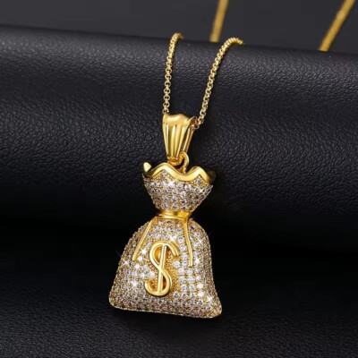 D/FL Real Moissanite 14K Yellow Gold Fn Money Bag With Dollar Sign Pendant 1.5''