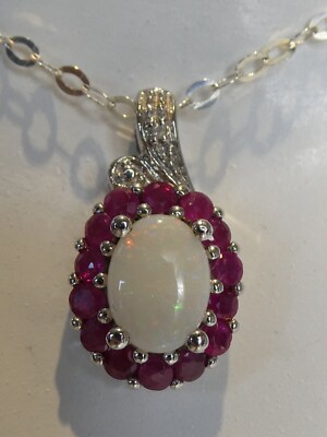 Feinsilber echter Opal, Rubin & Diamant Anhänger an Silberkette