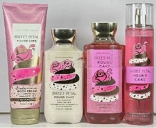 x4 BATH & BODY WORKS SWEET PETAL POUND CAKE Mist Cream Lotion Shower Gel SET