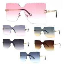 Womens Wave Beveled Lens Oversize Shield Rimless Fashion Sunglasses