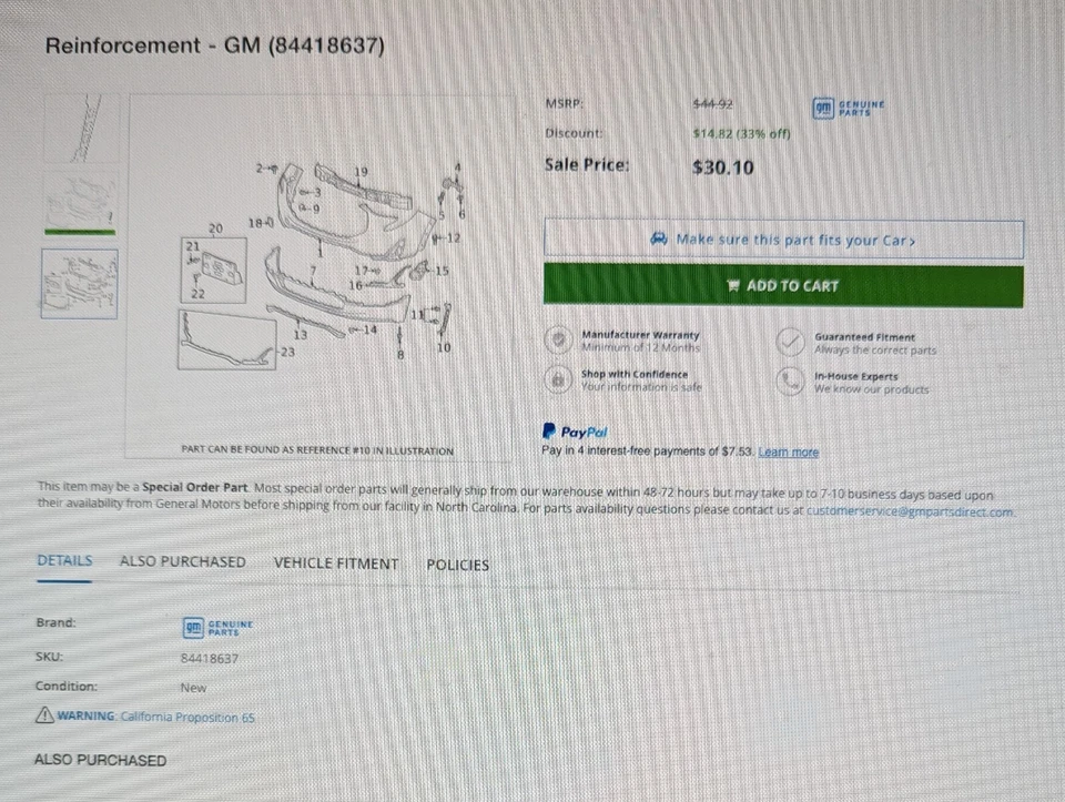 Parachoques inferior derecho GMC TERRAIN 2018-2023 RH refuerzo fascia 844186387 OEM Foto 2 de 4